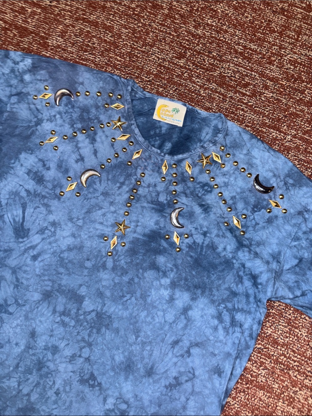 Blue tie dye metallic embelished lunar sky sun & moon detail tunic top free size - Picture 4 of 13